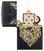 ˫ 2024 Collectible of the Year Windproof Lighter with its lid open and lit.